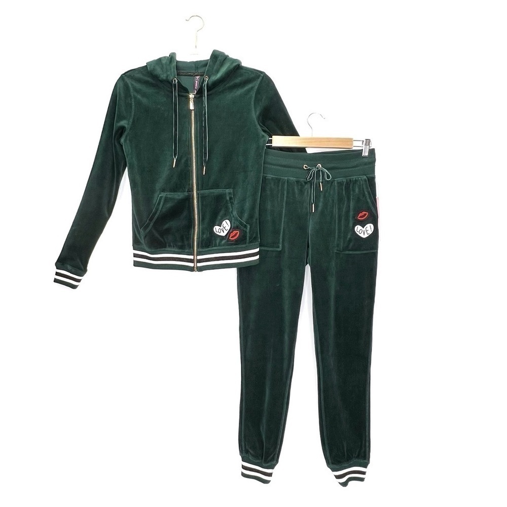 Betsey Johnson Velour Tracksuit Forest Green Size XS Hoodie Joggers xs New NWT